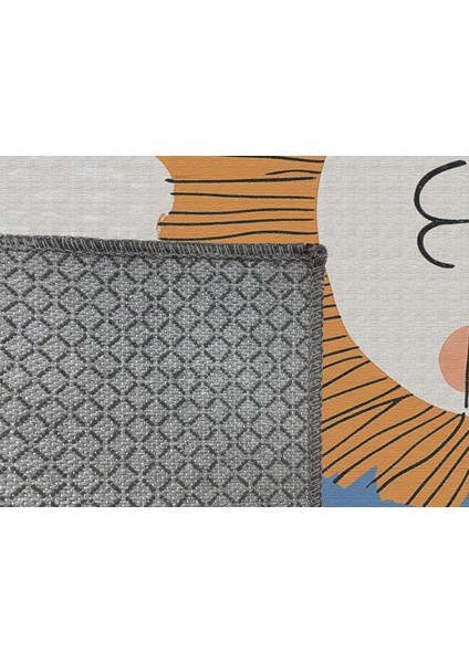 Mavi Zeminli Tatlı Aslan Figürlü Çocuk Odası Halısı, Makinede Yıkanabilir, Kaymaz Tabanlı