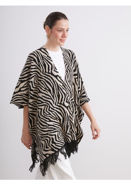 Yeni Sezon V Yaka Zebra Desenli Oversize Kadın Triko Panço