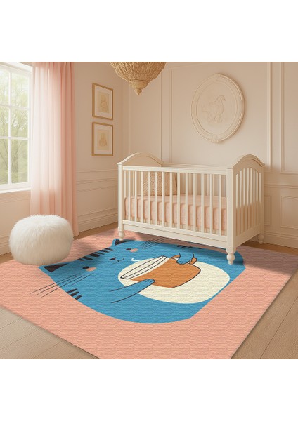 Eğlenceli Tatlı Hayvan Figürlü Çocuk Odası Halısı, Pembe Zemin, Kaymaz Taban ve Makinede Yıkanabilir