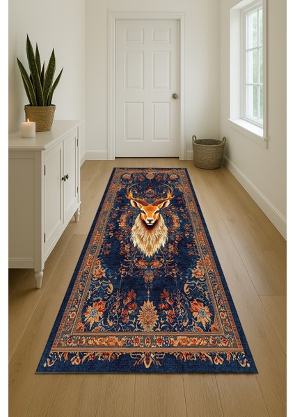 Lacivert Zeminli Bohem Halı, Kaymaz Tabanlı Hayvan Figürlü