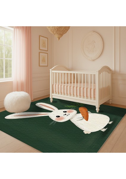 Makinede Yıkanabilir Haki Zeminli Tavşan Figürlü Çocuk Odası Halısı, Eğlenceli ve Dayanıklı