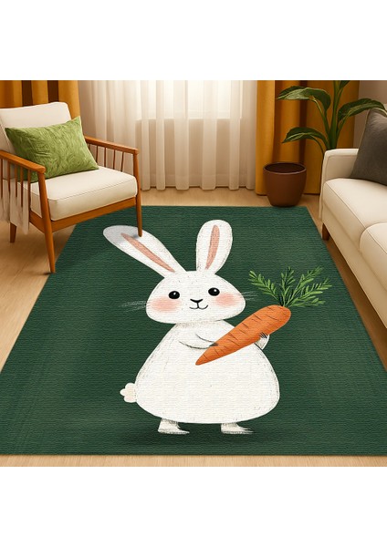 Makinede Yıkanabilir Haki Zeminli Tavşan Figürlü Çocuk Odası Halısı, Eğlenceli ve Dayanıklı fiyatları