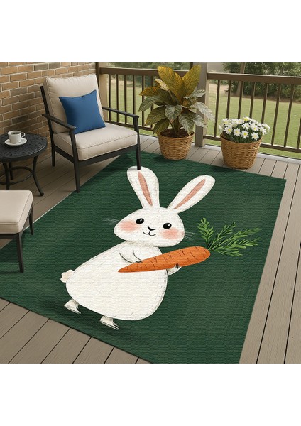 Makinede Yıkanabilir Haki Zeminli Tavşan Figürlü Çocuk Odası Halısı, Eğlenceli ve Dayanıklı fırsatları