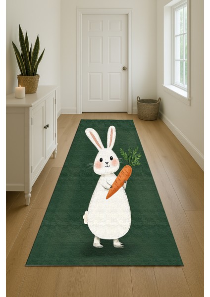 Makinede Yıkanabilir Haki Zeminli Tavşan Figürlü Çocuk Odası Halısı, Eğlenceli ve Dayanıklı indirimleri