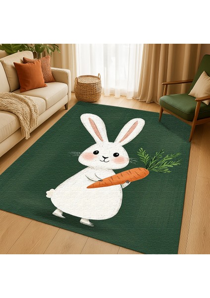 Makinede Yıkanabilir Haki Zeminli Tavşan Figürlü Çocuk Odası Halısı, Eğlenceli ve Dayanıklı