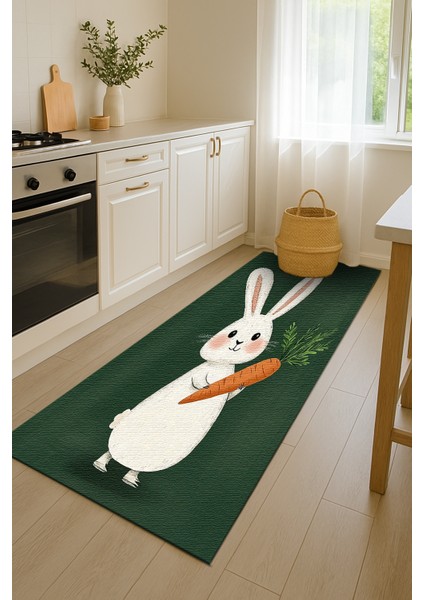 Makinede Yıkanabilir Haki Zeminli Tavşan Figürlü Çocuk Odası Halısı, Eğlenceli ve Dayanıklı