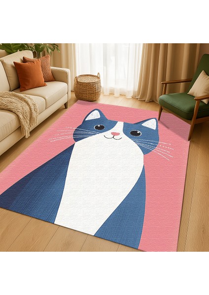 Çocuk Odası Halısı, Pembe Zemin, Tatlı Kedi Motifli, Kaymaz ve Yumuşak Dokulu