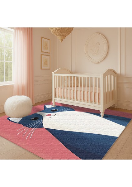 Çocuk Odası Halısı, Pembe Zemin, Tatlı Kedi Motifli, Kaymaz ve Yumuşak Dokulu