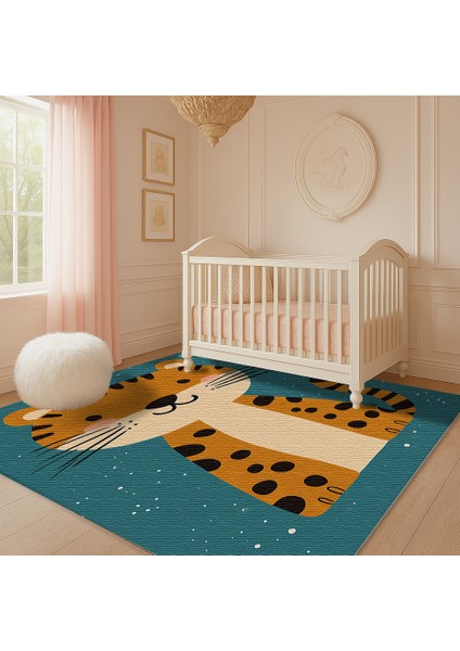 Mavi Zeminli Çocuk Odası Halısı, Kedi Figürlü, Yumuşak ve Makinede Yıkanabilir