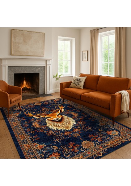 Lacivert Zeminli Bohem Halı, Kaymaz Tabanlı Hayvan Figürlü fiyatları