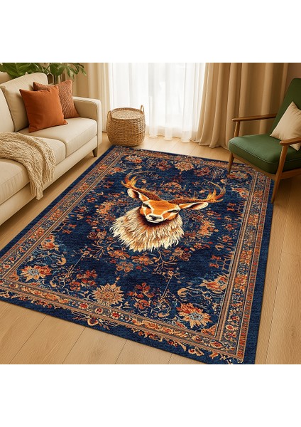 Lacivert Zeminli Bohem Halı, Kaymaz Tabanlı Hayvan Figürlü