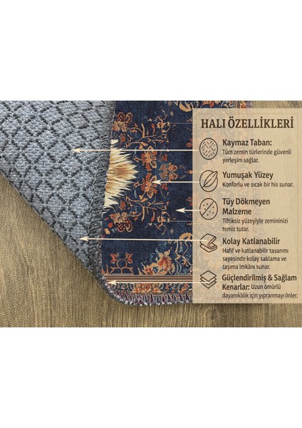 Lacivert Zeminli Bohem Halı, Kaymaz Tabanlı Hayvan Figürlü fırsatları