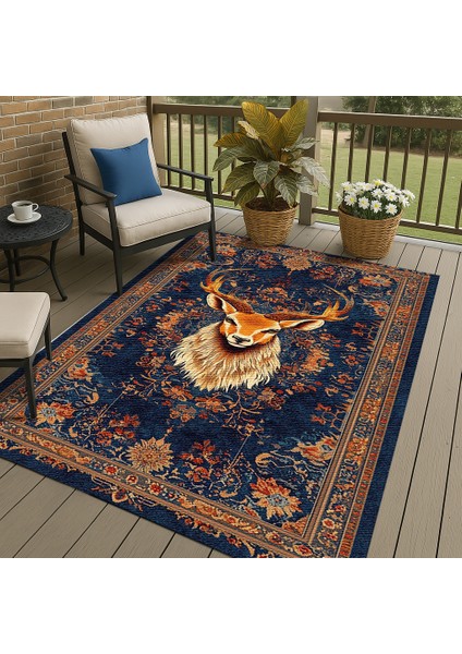 Lacivert Zeminli Bohem Halı, Kaymaz Tabanlı Hayvan Figürlü