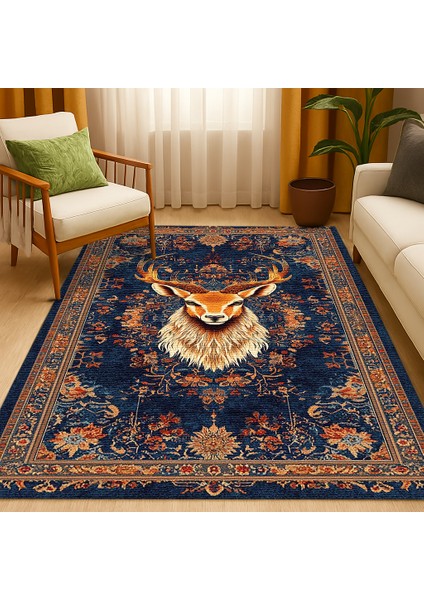 Lacivert Zeminli Bohem Halı, Kaymaz Tabanlı Hayvan Figürlü