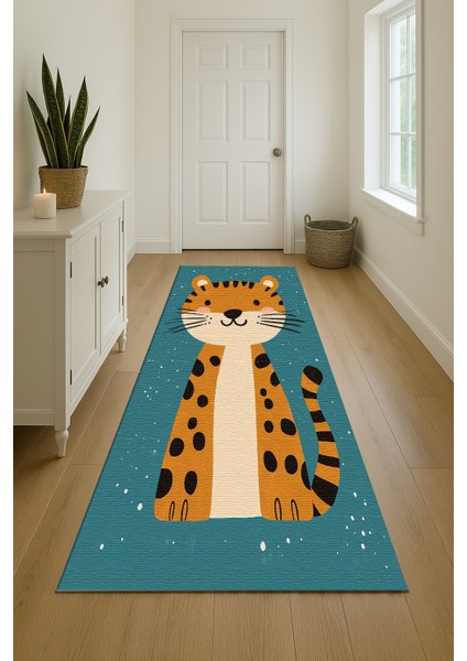 Mavi Zeminli Çocuk Odası Halısı, Kedi Figürlü, Yumuşak ve Makinede Yıkanabilir indirimleri