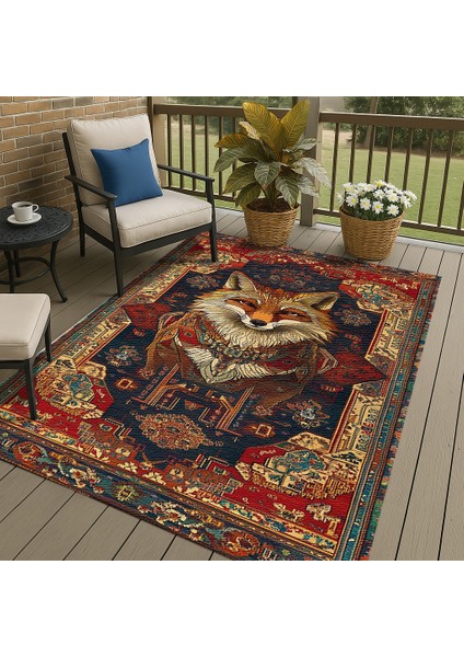 Bohem Halı, Lacivert Kırmızı Hayvan Motifli, Kaymaz Taban, Yumuşak Dokulu