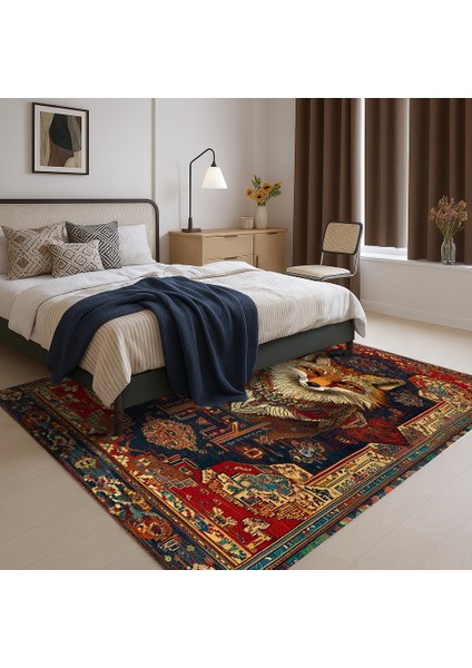 Bohem Halı, Lacivert Kırmızı Hayvan Motifli, Kaymaz Taban, Yumuşak Dokulu