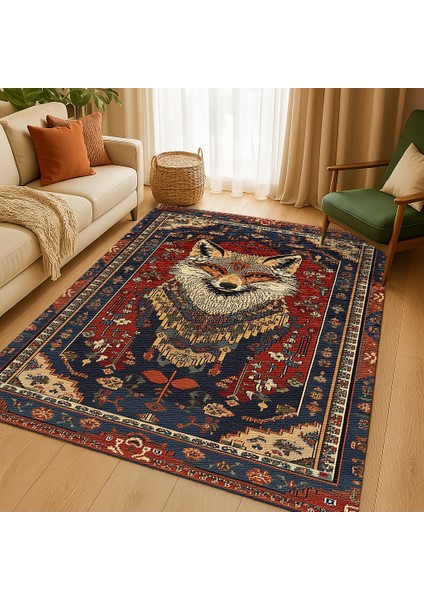 Lacivert-Kırmızı Zeminli Bohem Halı, Hayvan Figürlü, Modern ve Kaymaz Tabanlı
