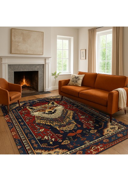 Lacivert-Kırmızı Zeminli Bohem Halı, Hayvan Figürlü, Modern ve Kaymaz Tabanlı fiyatları