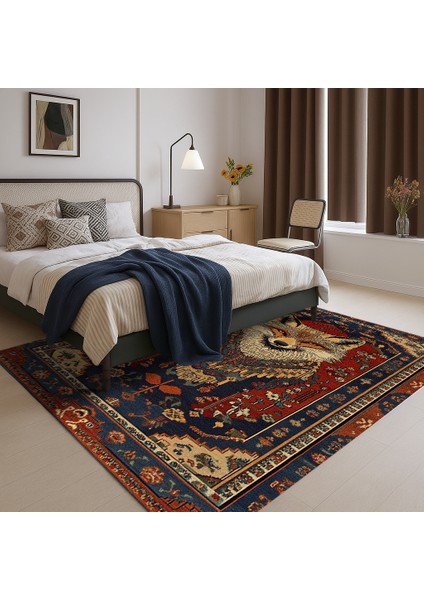 Lacivert-Kırmızı Zeminli Bohem Halı, Hayvan Figürlü, Modern ve Kaymaz Tabanlı modelleri