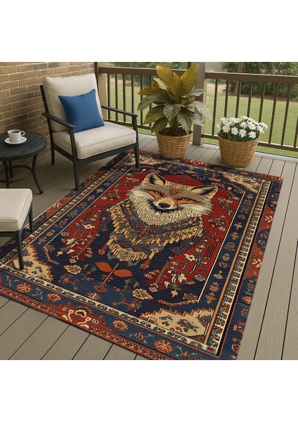 Lacivert-Kırmızı Zeminli Bohem Halı, Hayvan Figürlü, Modern ve Kaymaz Tabanlı
