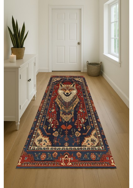 Lacivert-Kırmızı Zeminli Bohem Halı, Hayvan Figürlü, Modern ve Kaymaz Tabanlı