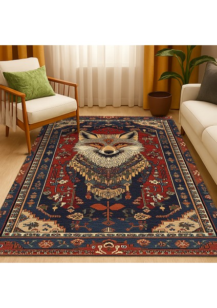 Lacivert-Kırmızı Zeminli Bohem Halı, Hayvan Figürlü, Modern ve Kaymaz Tabanlı