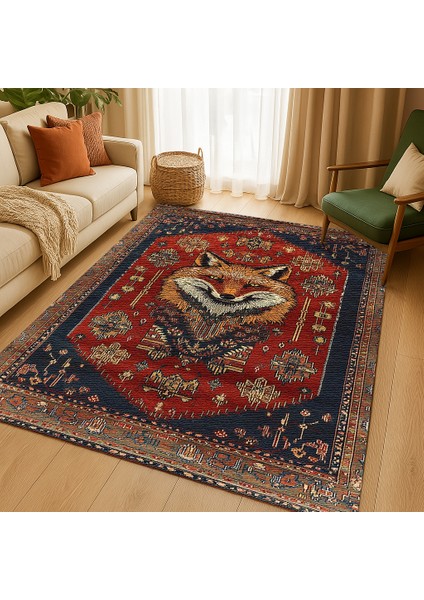 Lacivert-Kırmızı Hayvan Figürlü Bohem Salon Halısı, Şık ve Dekoratif
