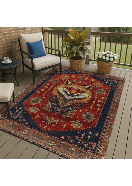 Lacivert-Kırmızı Hayvan Figürlü Bohem Salon Halısı, Şık ve Dekoratif
