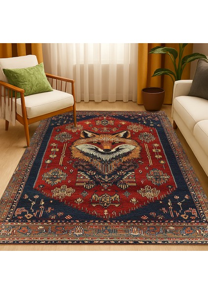 Lacivert-Kırmızı Hayvan Figürlü Bohem Salon Halısı, Şık ve Dekoratif
