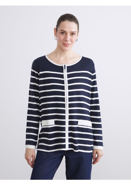 Yeni Sezon Bisiklet Yaka Çizgili Kadın Triko Hırka
