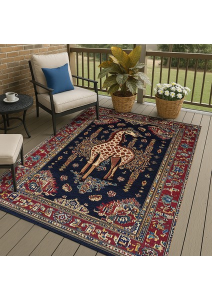 Makinede Yıkanabilir Zürafa Desenli Kırmızı-Lacivert Salon Halısı, Kaymaz Tabanlı Bohem Halı