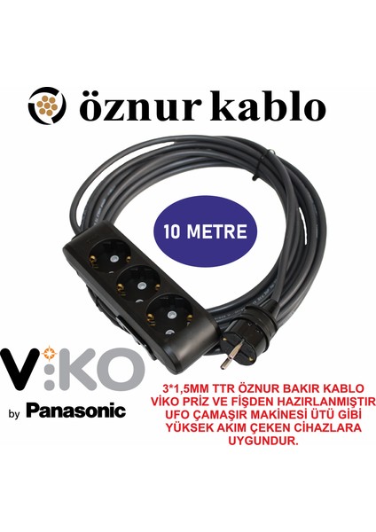 3lü 10 Metre Öznur 3*1.5 Ttr Bakır Kablolu Topraklı Çocuk Korumalı Uzatma