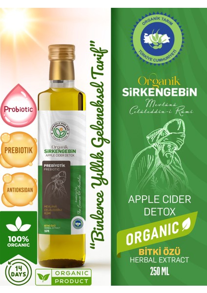 Organik Sirkengebin Detox Sirkesi 250 ml | İbn-i Sina’nın Kadim Formülünden • Elma & Bal Fermente • Katkısız •%50 Sepette