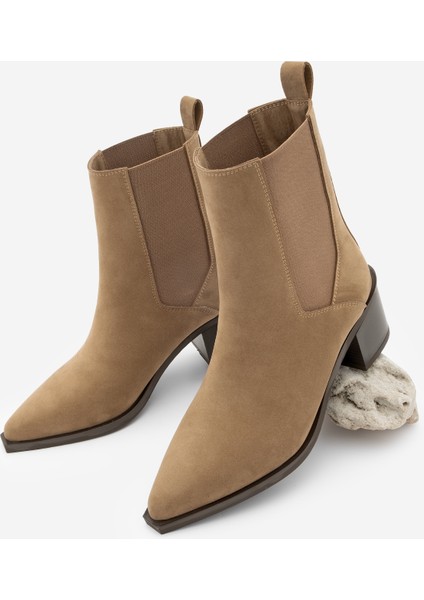 Kadın Sivri Burun Kalın Topuklu Çift Lastikli Topuklu Bot Ropes Taba Süet