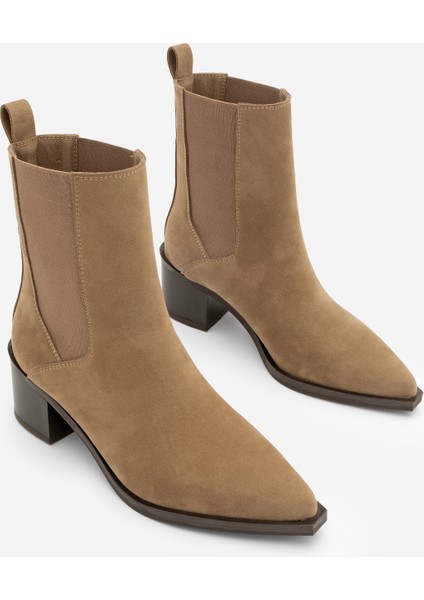 Kadın Sivri Burun Kalın Topuklu Çift Lastikli Topuklu Bot Ropes Taba Süet indirimleri