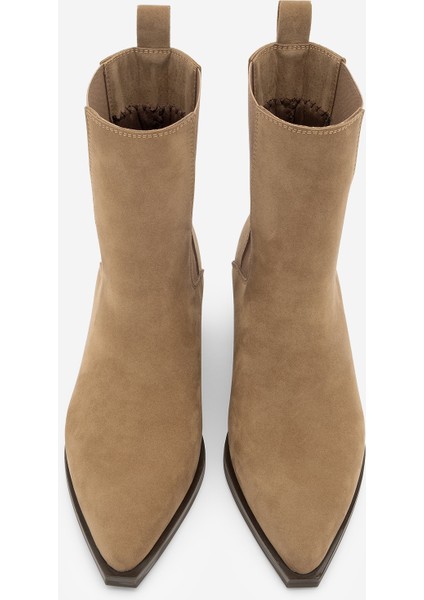 Kadın Sivri Burun Kalın Topuklu Çift Lastikli Topuklu Bot Ropes Taba Süet