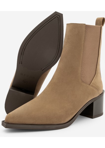 Kadın Sivri Burun Kalın Topuklu Çift Lastikli Topuklu Bot Ropes Taba Süet