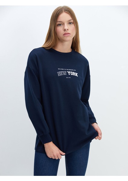 Yeni Sezon Bisiklet Yaka Baskılı Oversize Kadın Sweatshirt Tunik