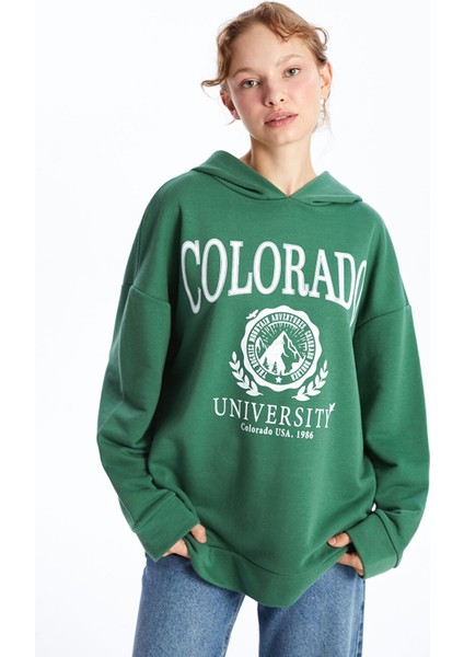 Yeni Sezon Kapüşonlu Baskılı Oversize Kadın Kalın Sweatshirt Tunik