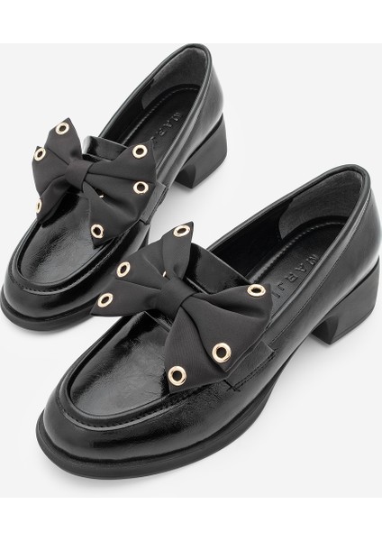 Kadın Loafer Fiyonk Detaylı Troklu Günlük Kalın Topuklu Ayakkabı Yanis Siyah
