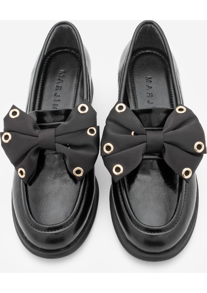Kadın Loafer Fiyonk Detaylı Troklu Günlük Kalın Topuklu Ayakkabı Yanis Siyah