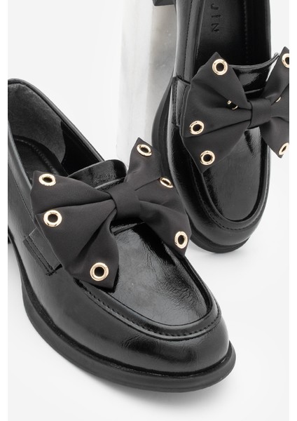 Kadın Loafer Fiyonk Detaylı Troklu Günlük Kalın Topuklu Ayakkabı Yanis Siyah