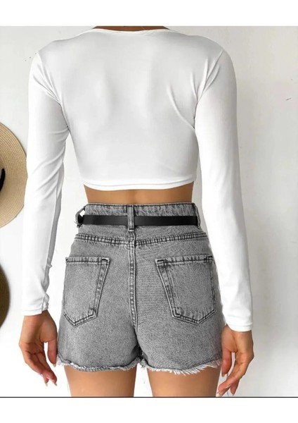 Uzun Kollu V Yaka Sandy Biyeli Crop Bluz Büstiyer fiyatları