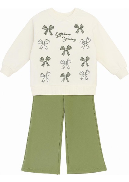 💚 Yeşil Fiyonk Desenli “let’s Keep Growing” Kız Çocuk Eşofman Takımı