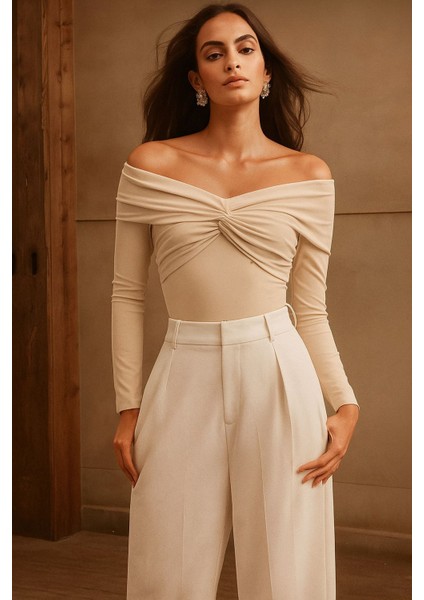 Kadın Omuzlar Düşük Önü Düğümlü Sandy Kumaş Uzun Kollu Bluz 0033 fiyatları