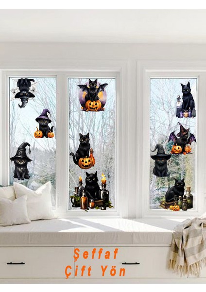 , Şeffaf Çift Yönlü Hallowen Kedileri, Cam, Duvar, Sticker 10-18 cm