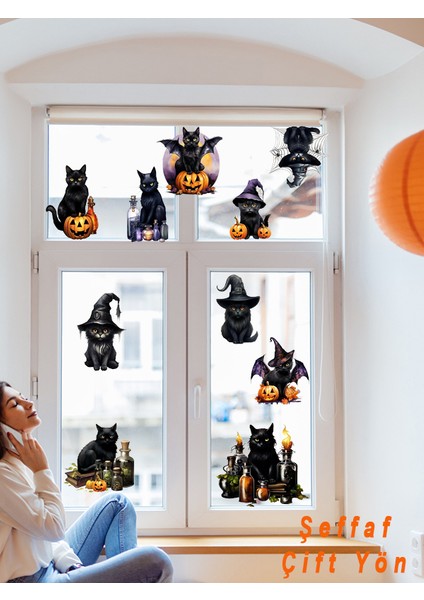 , Şeffaf Çift Yönlü Hallowen Kedileri, Cam, Duvar, Sticker 10-18 cm fiyatları