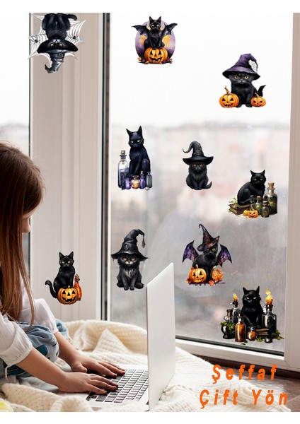 , Şeffaf Çift Yönlü Hallowen Kedileri, Cam, Duvar, Sticker 10-18 cm modelleri