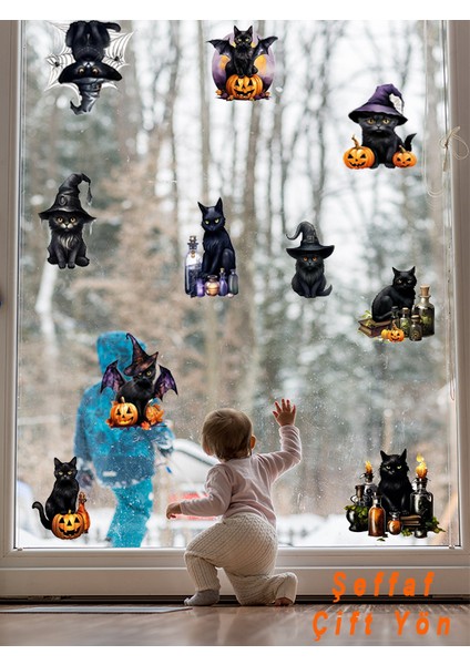 , Şeffaf Çift Yönlü Hallowen Kedileri, Cam, Duvar, Sticker 10-18 cm fırsatları